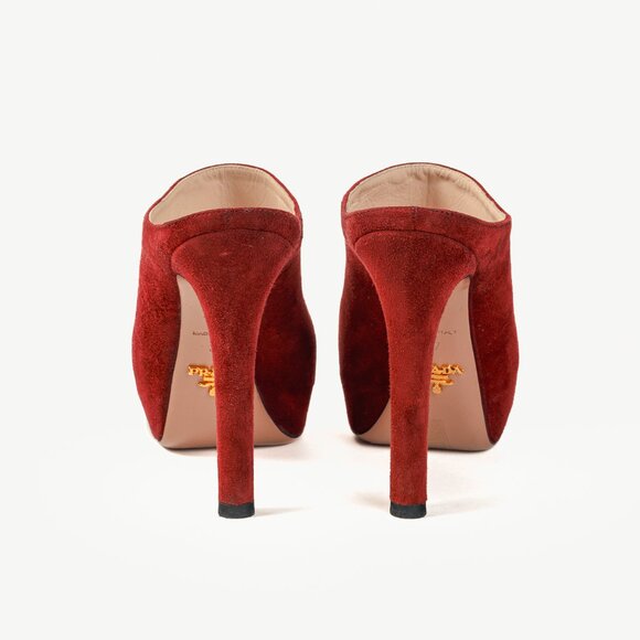 Prada Burgundy Suede Peep Toe Stiletto Heel Slide Mule Platform Pump - Picture 3 of 9